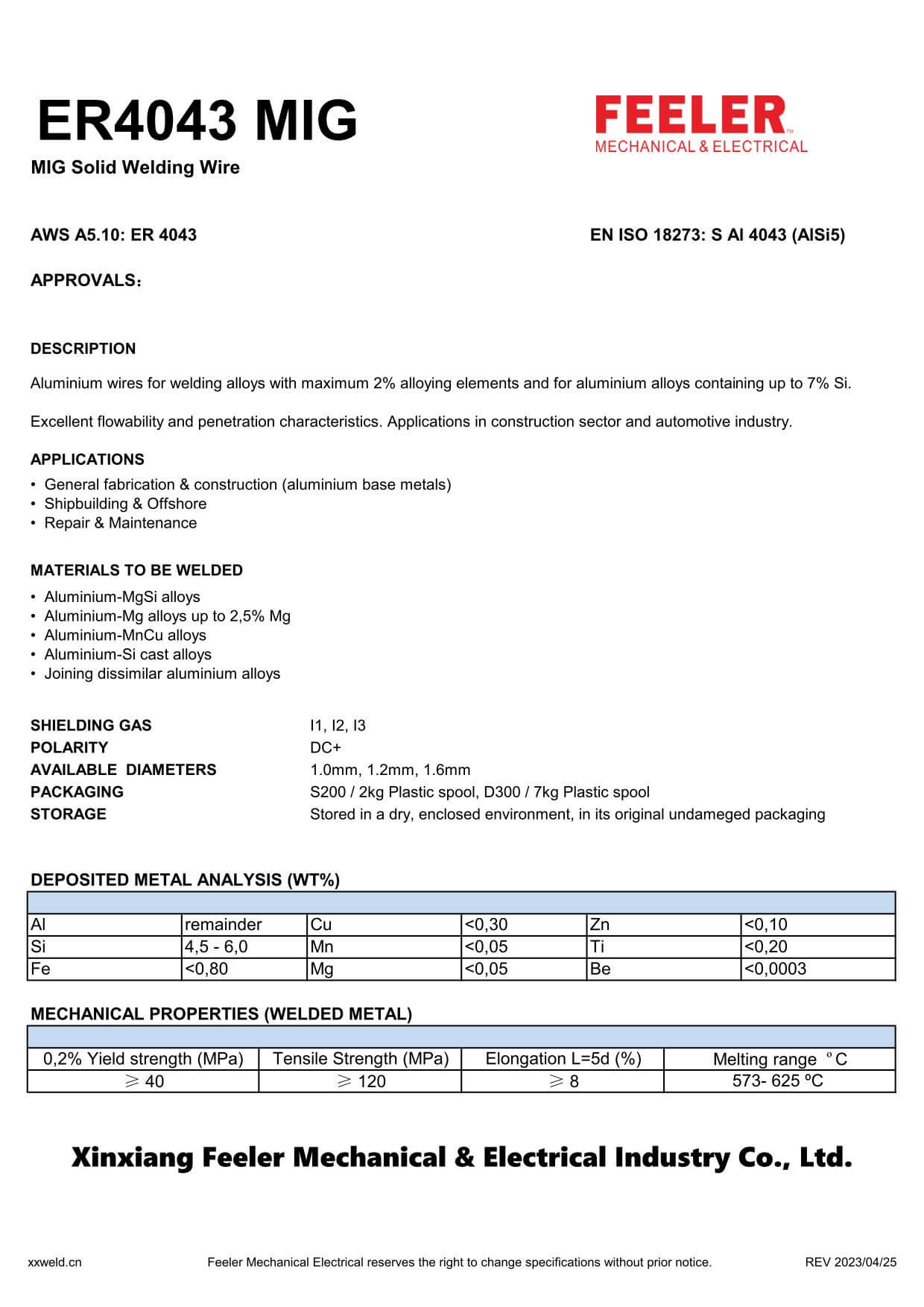 ER4043 MIG Solid Welding Wire Specification