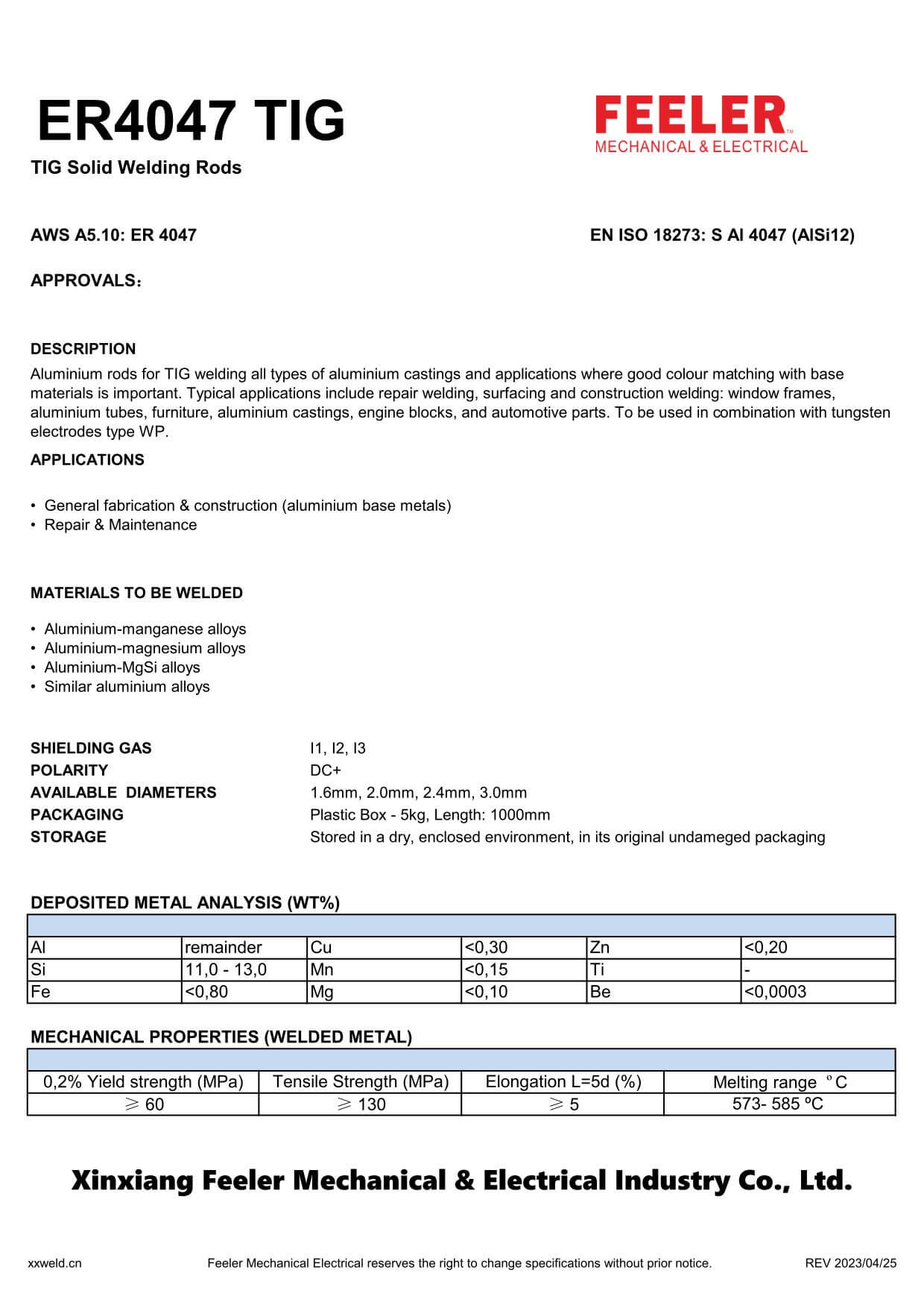 ER4047 TIG Solid Welding Rod Specification