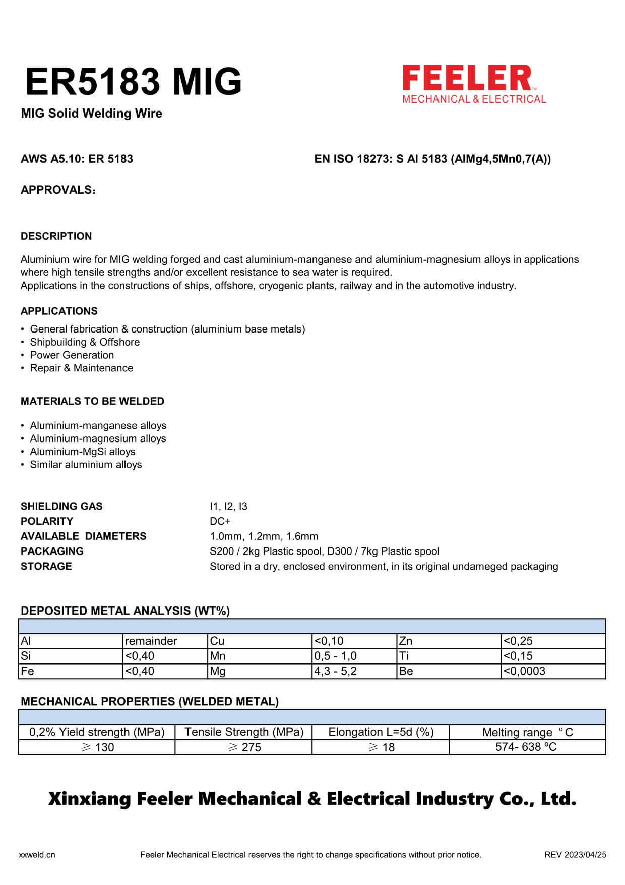 ER5183 MIG Solid Welding Wire Specification