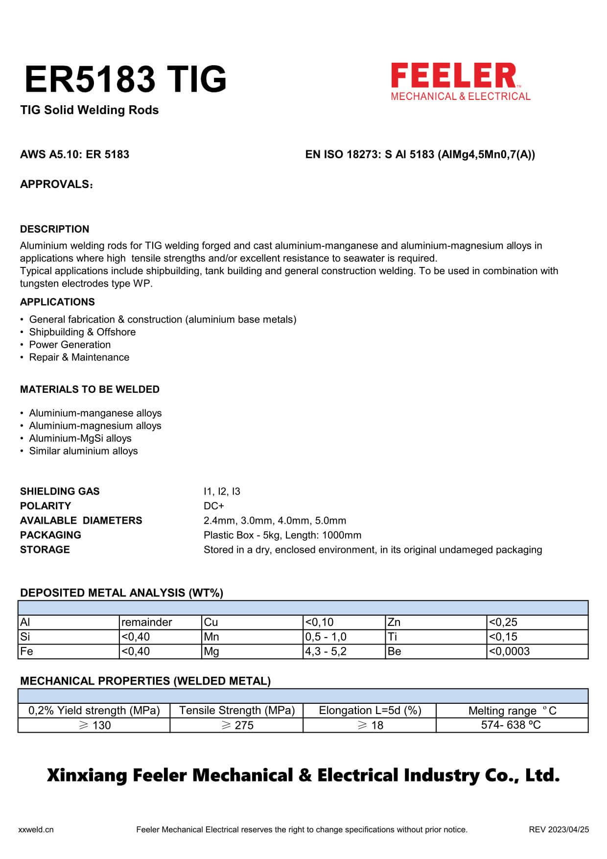 ER5183 TIG Solid Welding Rod Specification