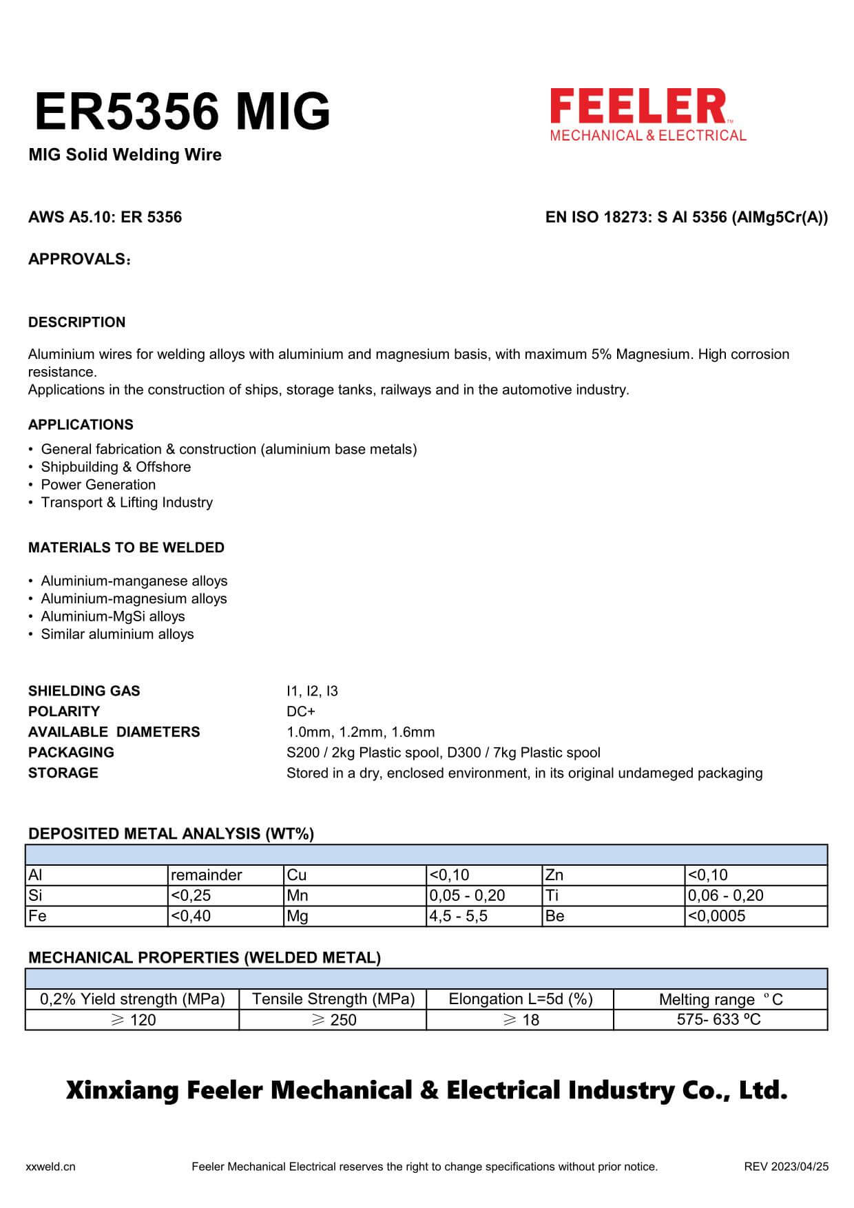 ER5356 MIG Solid Welding Wire Specification