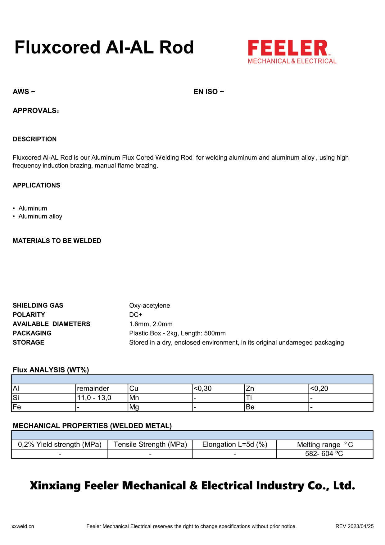 Fluxcored Al-AL Rod Specification