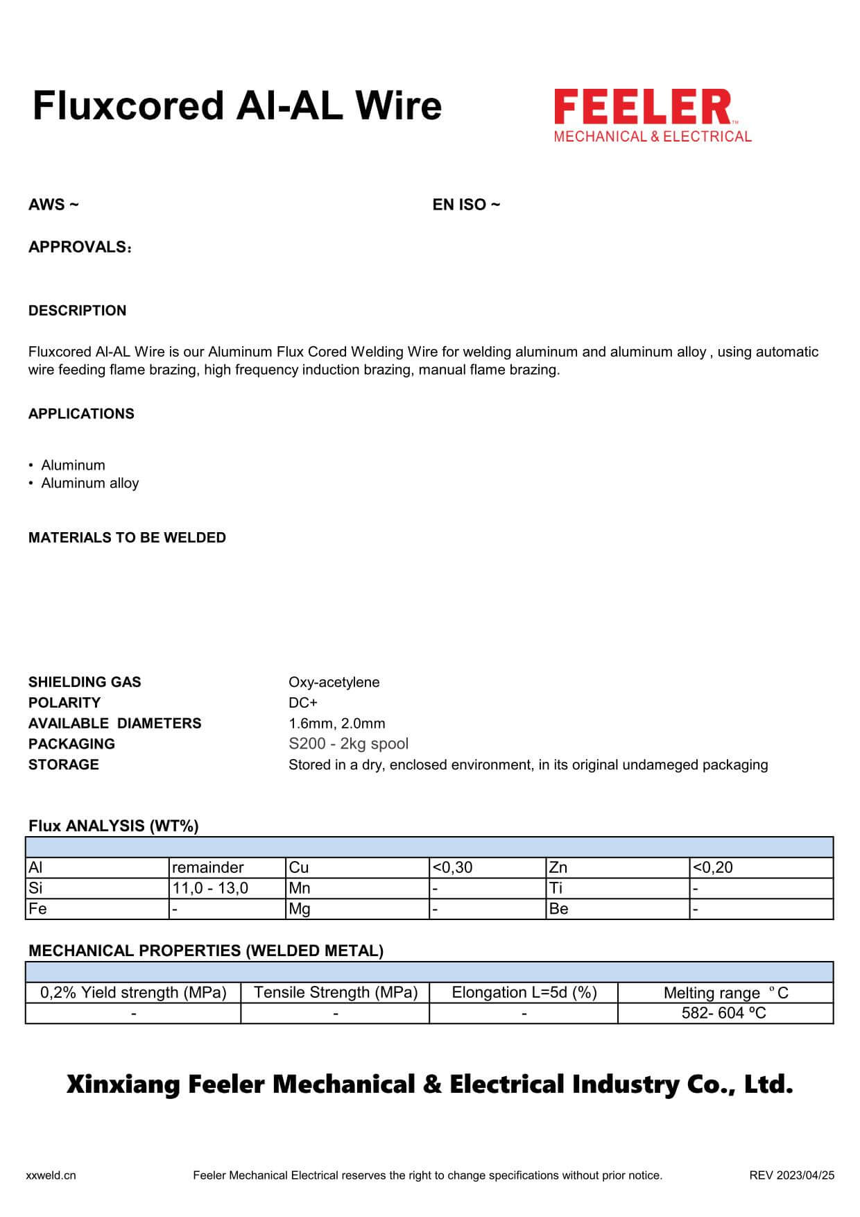 Fluxcored Al-AL Wire Specification