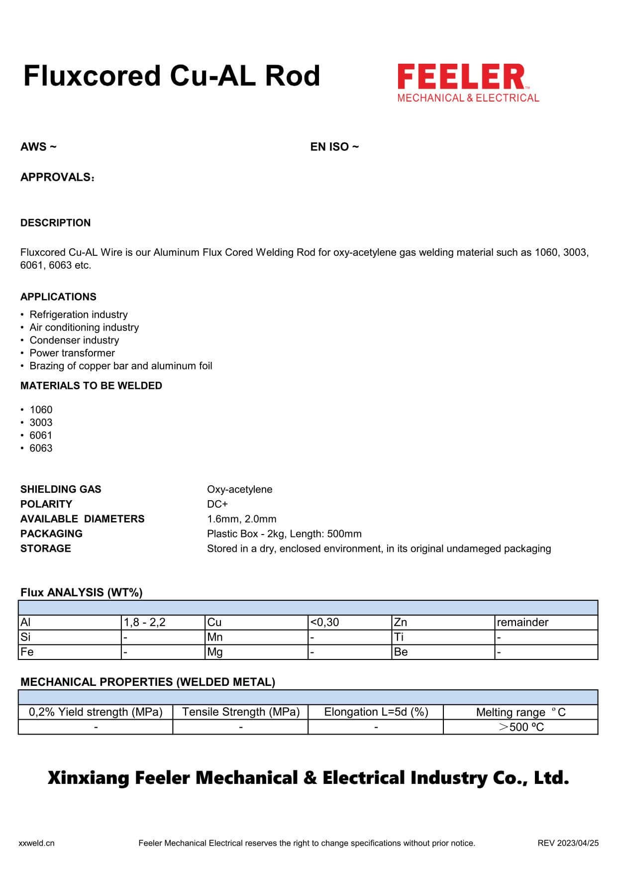 Fluxcored Cu-AL Rod Specification