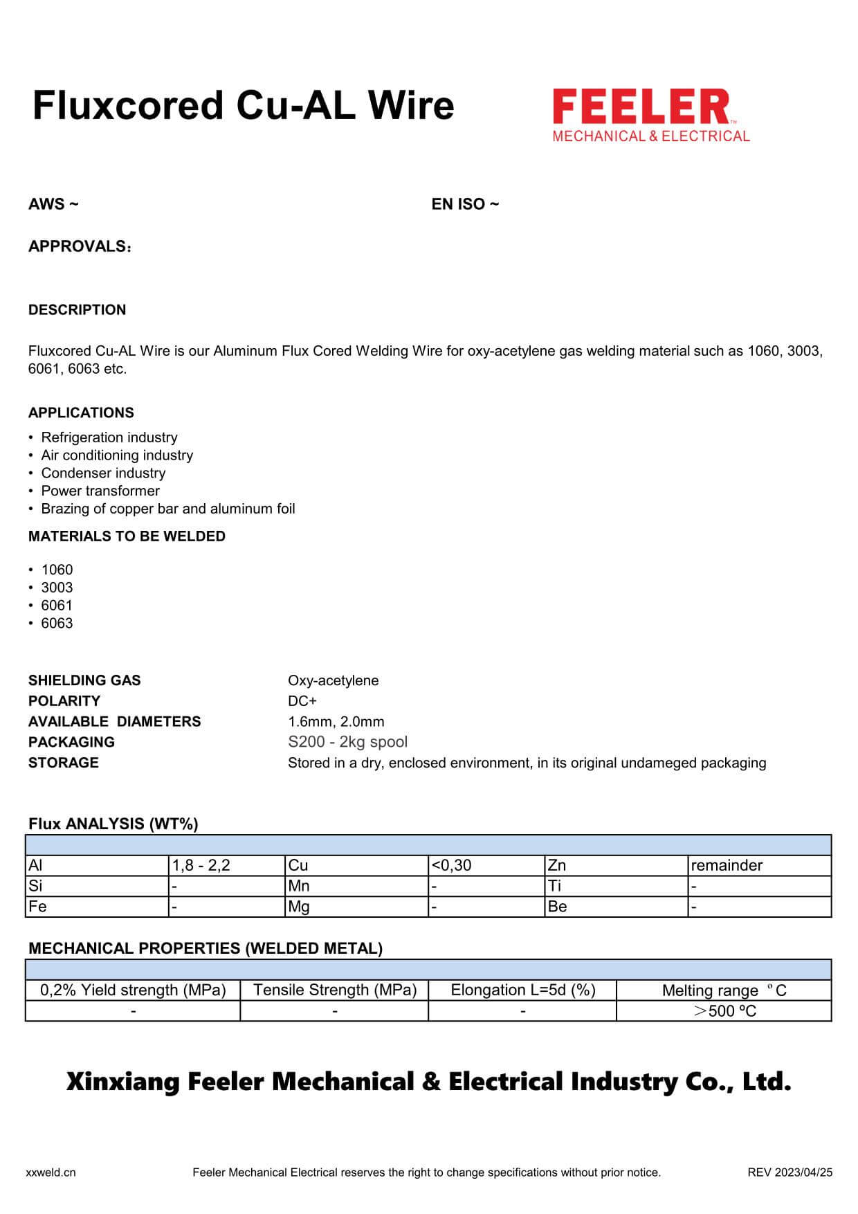 Fluxcored Cu-AL Wire Specification